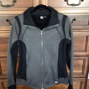 Lightweight new never worn jacket gray with black and zipper down front.